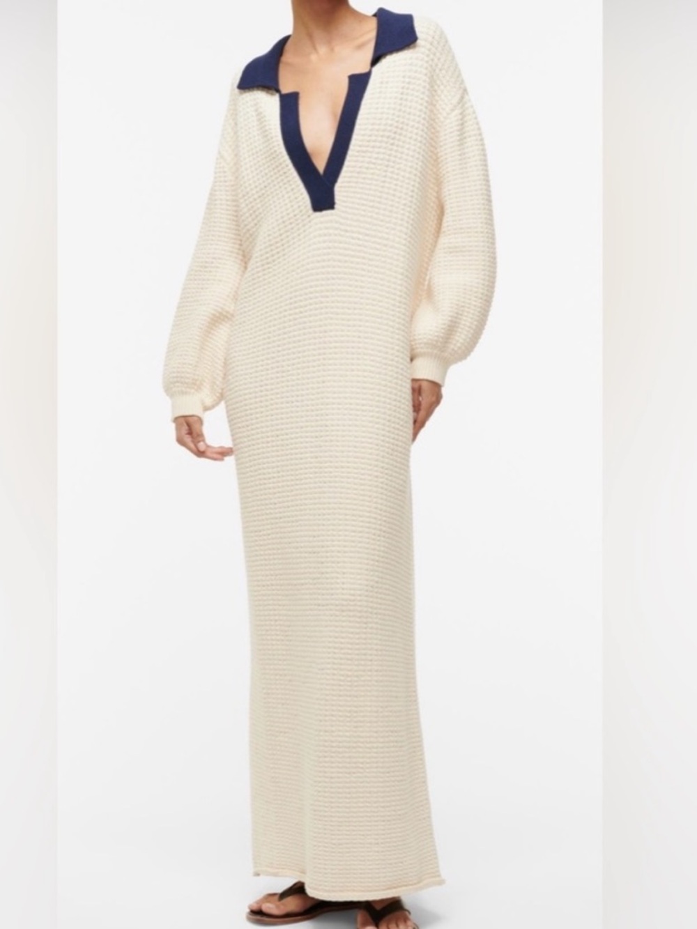 STAUD Ivory Knit Maxi Dress with Navy V-Collar